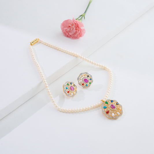 Vintage Navratna Stone Freshwater Pearl Necklace Set