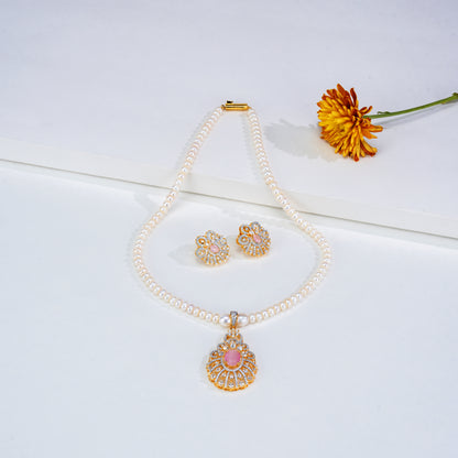 Floral Pink Stone Freshwater Pearl Necklace Set