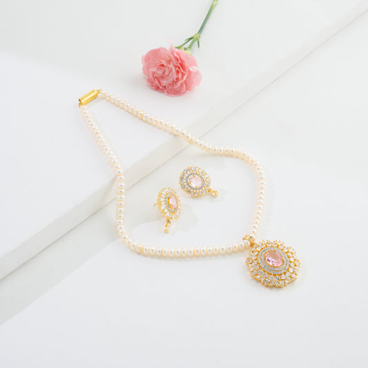 Floral Pink Stone Freshwater Pearl Necklace Set