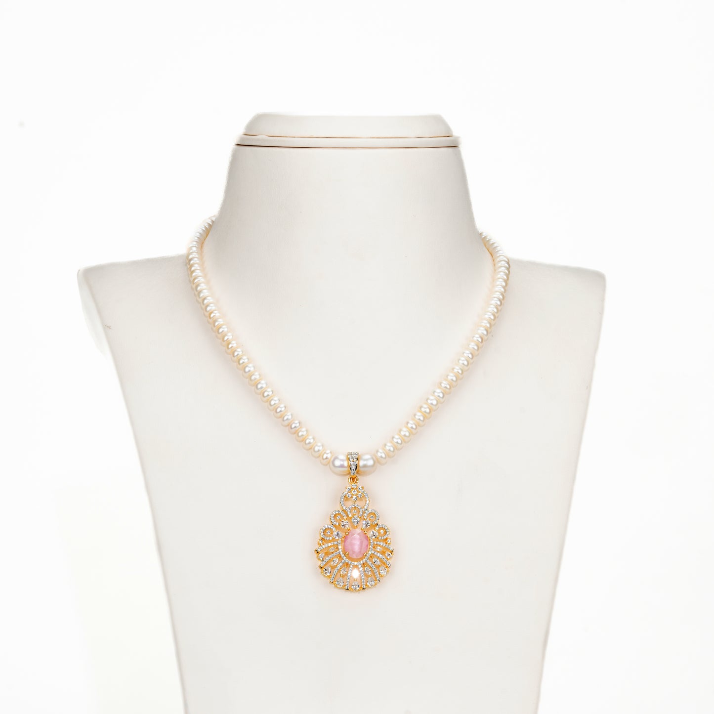 Floral Pink Stone Freshwater Pearl Necklace Set