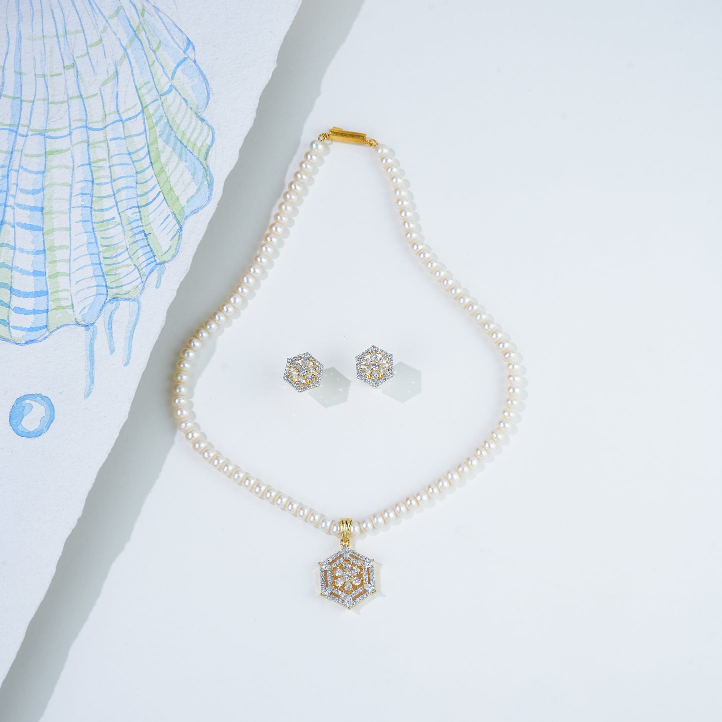 White Stone Freshwater Pearl Necklace Set