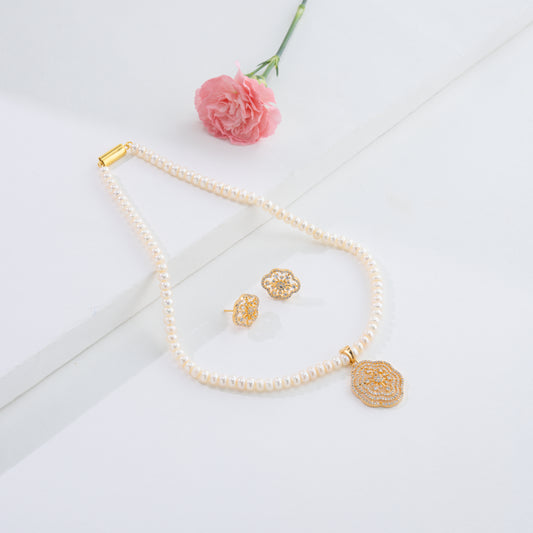 Precious White Stone Button Freshwater Pearl Necklace Set