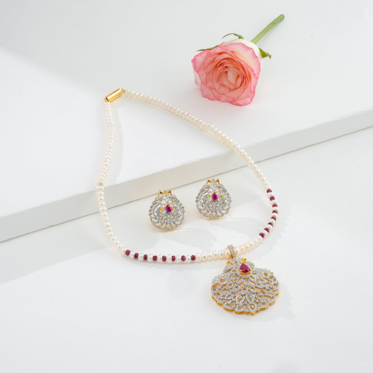 Attractive Natural Ruby Freshwater Pearl Necklace Set