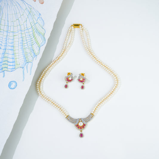 Sparkling Red Stone Freshwater Pearl Necklace Set