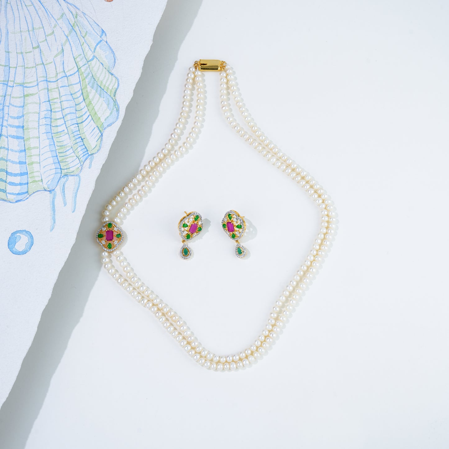 Unique Red Green Stone Side Piece Freshwater Pearl Necklace Set