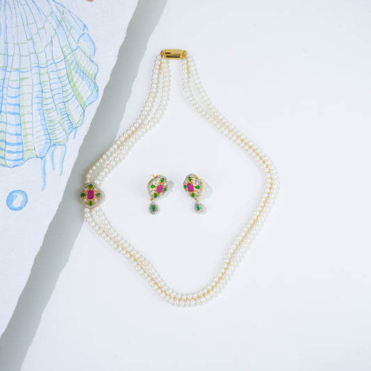 Unique Red Green Stone Side Piece Freshwater Pearl Necklace Set