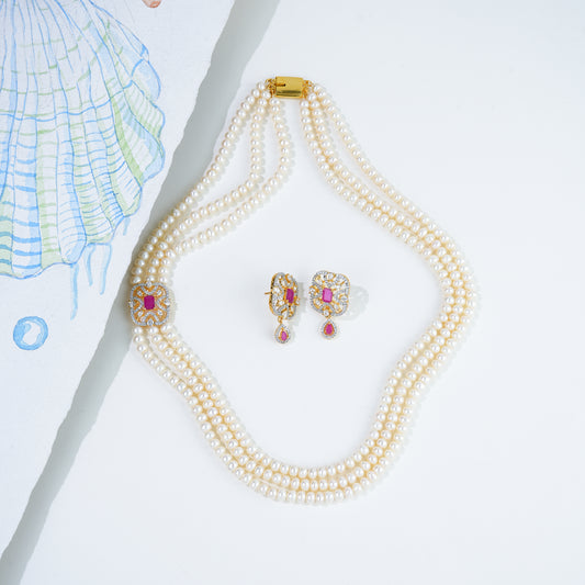 Sparkly Red Stone Side Piece Freshwater Pearl Necklace Set