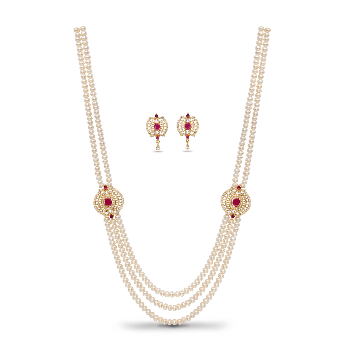 Gorgeous Red Stone Side Piece Freshwater Pearl Necklace Set