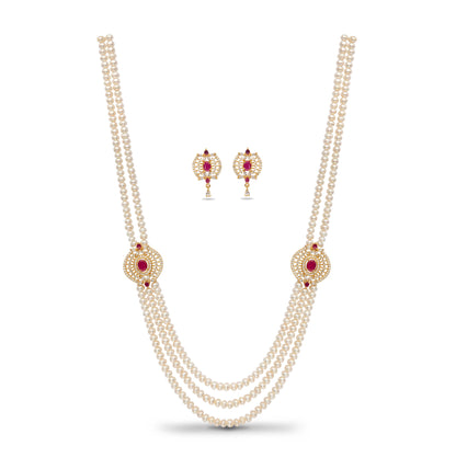 Gorgeous Red Stone Side Piece Freshwater Pearl Necklace Set