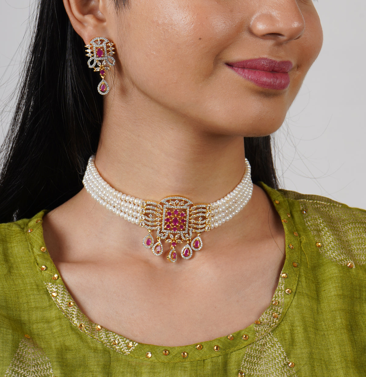 Charming Red Stone Freshwater Pearl Choker Set