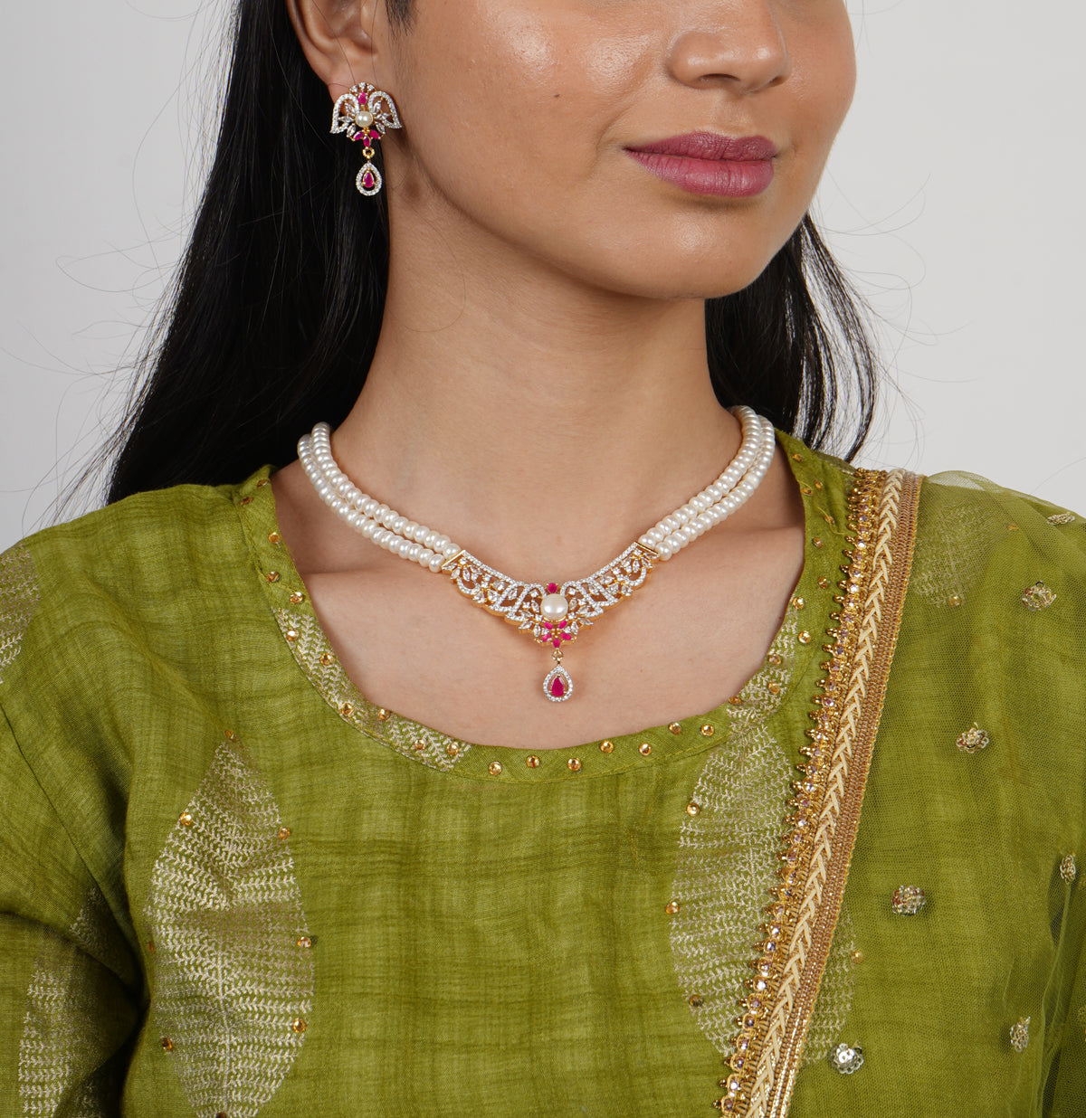 Edgy Red Stone Freshwater Pearl Necklace Set