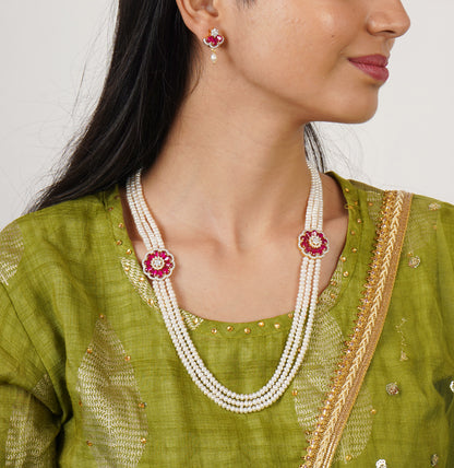 Floral Red Stone Side Pieces Freshwater Pearl Necklace Set