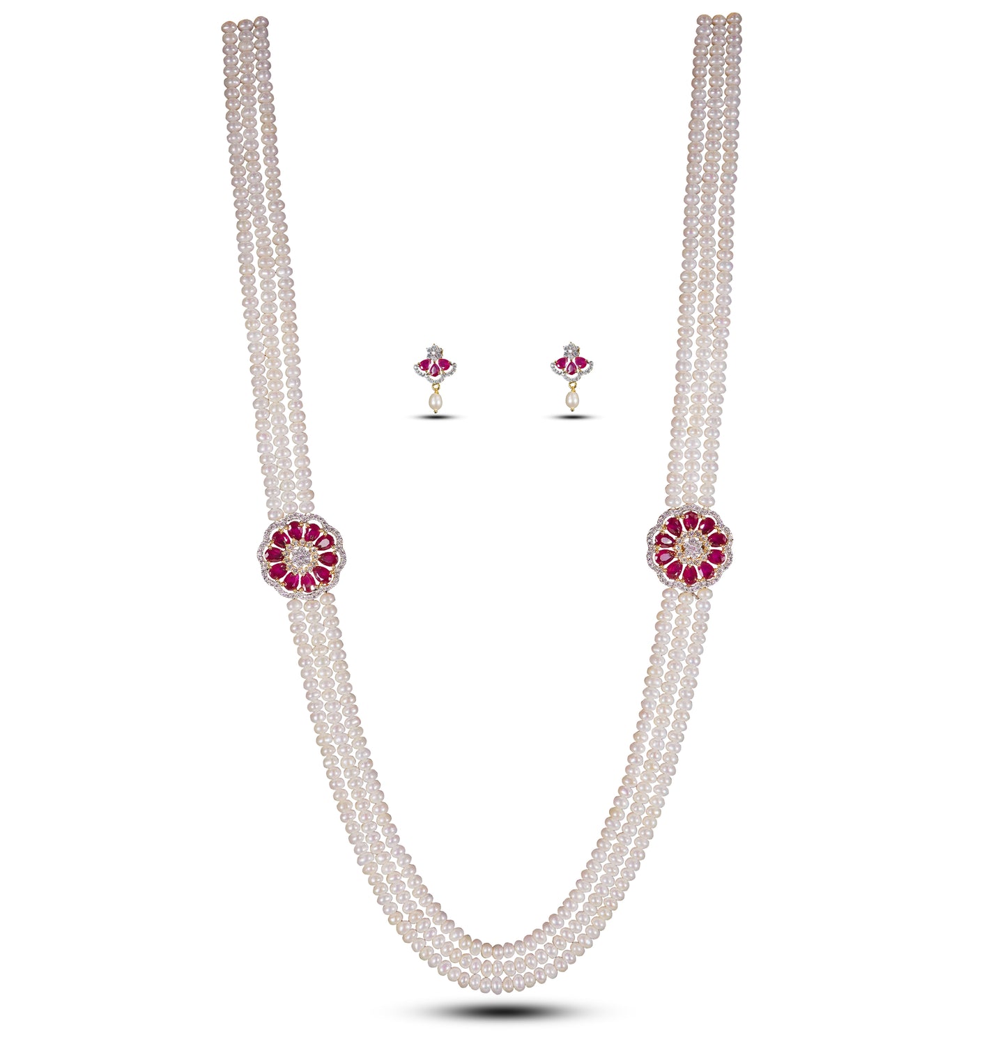 Floral Red Stone Side Pieces Freshwater Pearl Necklace Set