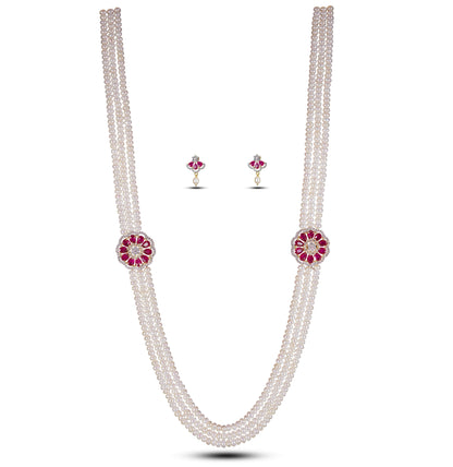 Floral Red Stone Side Pieces Freshwater Pearl Necklace Set
