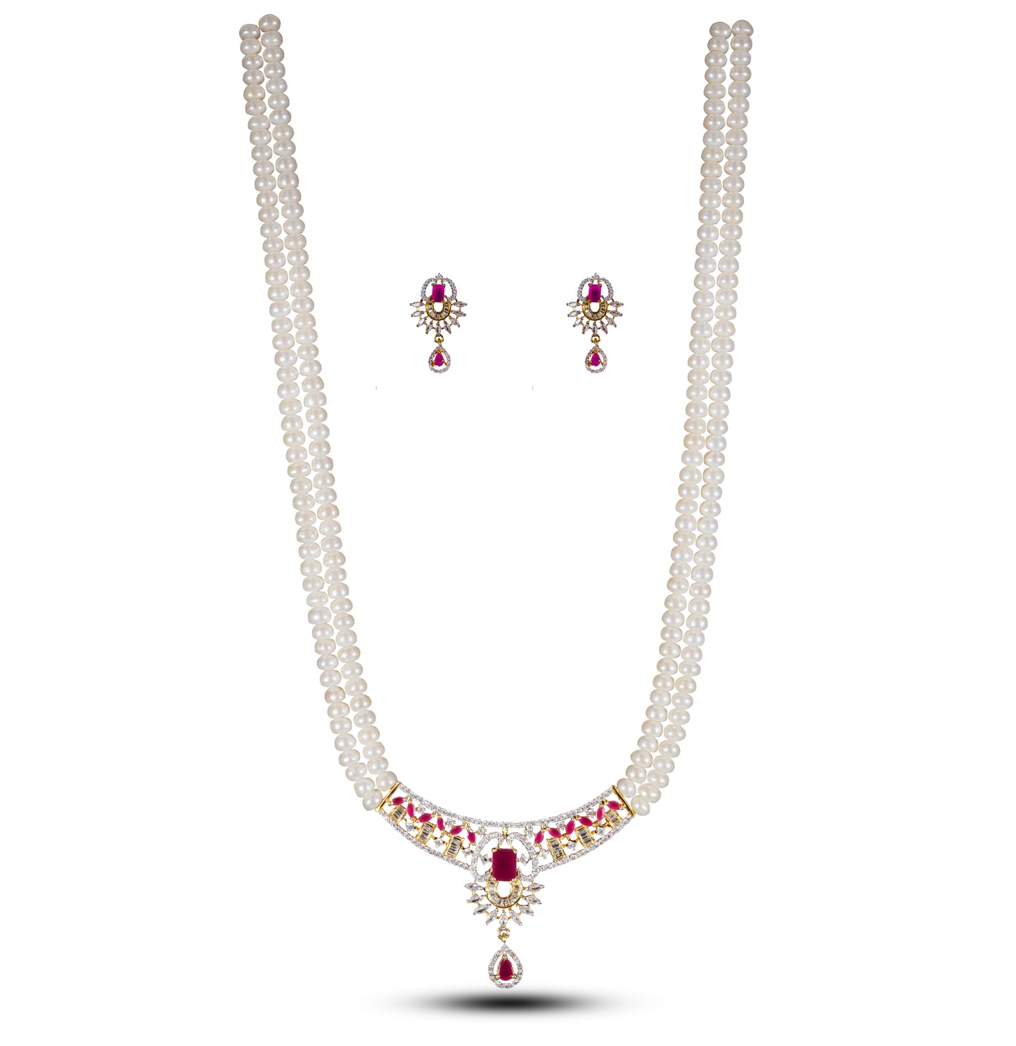 Designer Red Stone Freshwater Pearl Necklace Set
