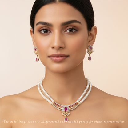 Designer Red Stone Freshwater Pearl Necklace Set