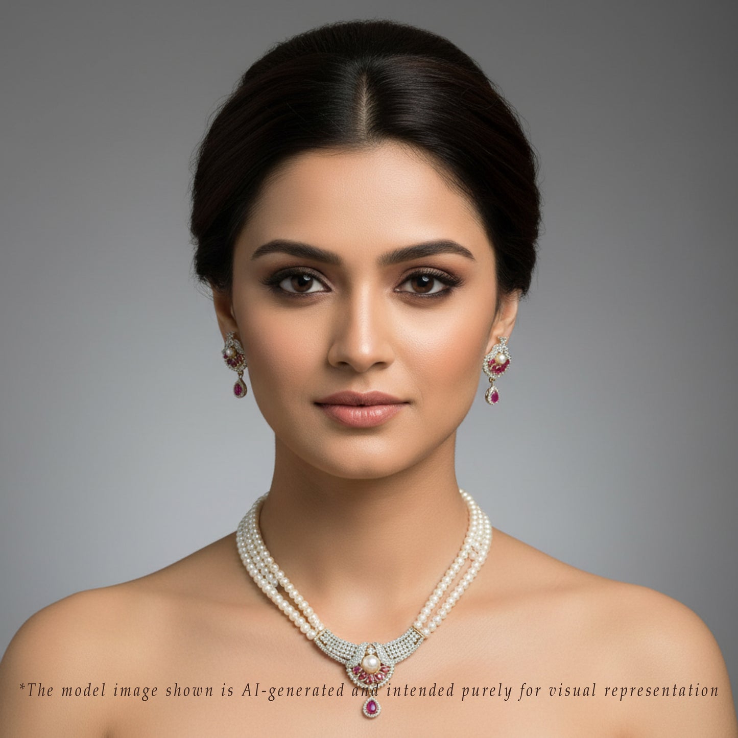 Sparkling Red Stone Freshwater Pearl Necklace Set