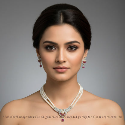 Sparkling Red Stone Freshwater Pearl Necklace Set