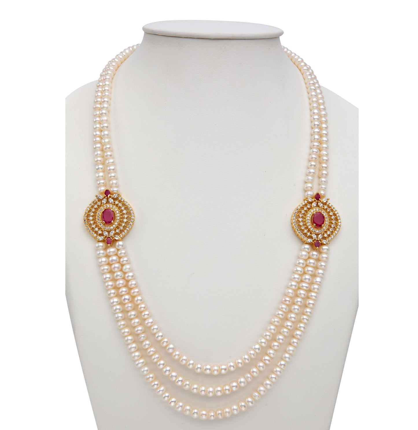 Gorgeous Red Stone Side Piece Freshwater Pearl Necklace Set
