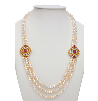 Gorgeous Red Stone Side Piece Freshwater Pearl Necklace Set