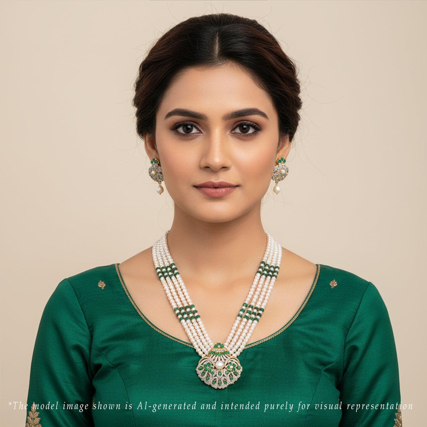 Natural Emerald With Button Freshwater Pearl Necklace Set