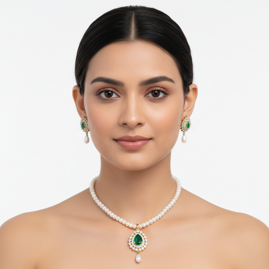 Stunning Green Stone Freshwater Pearl Necklace Set