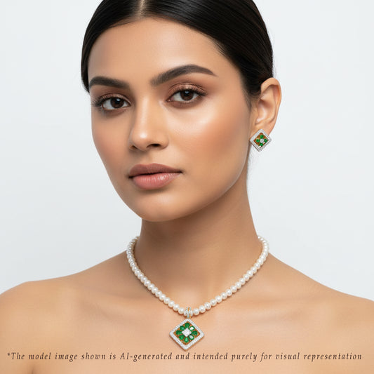 Ornate Green Stone Freshwater Pearl Necklace Set