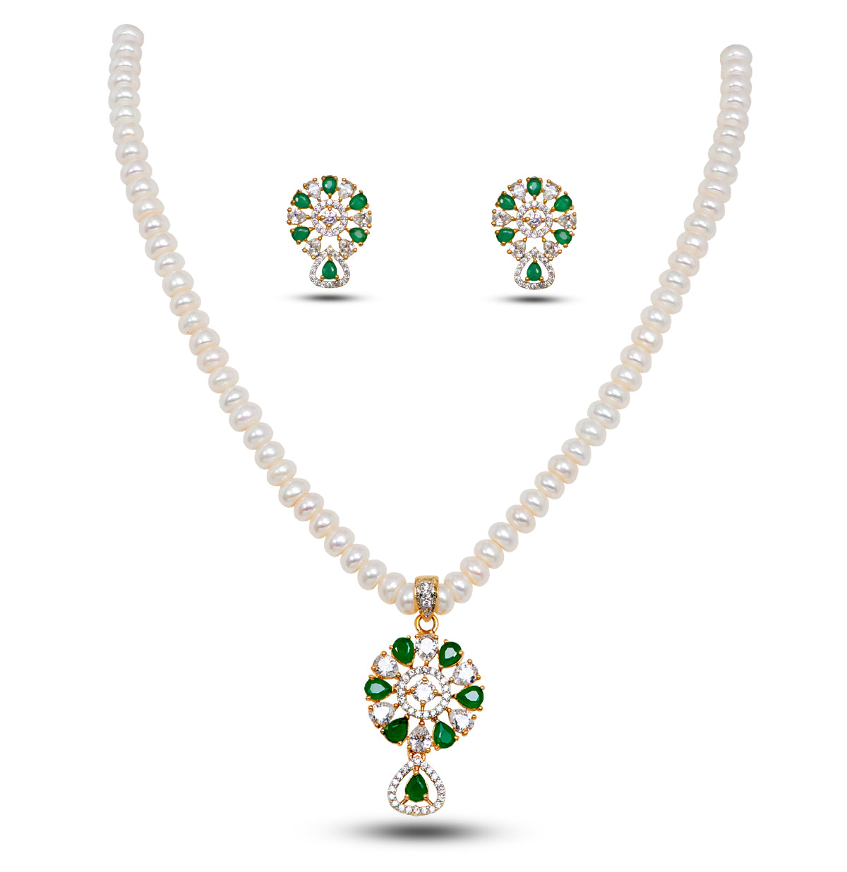 C Z with Green Stone Freshwater Pearls Necklace Set