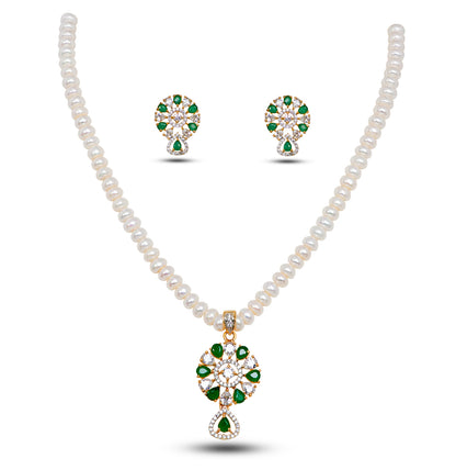 C Z with Green Stone Freshwater Pearls Necklace Set