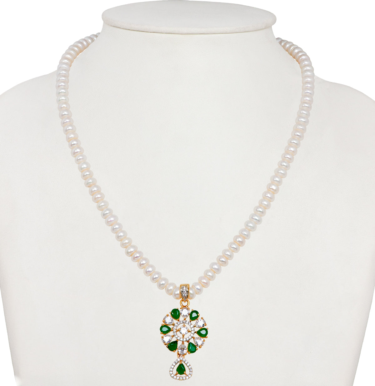 C Z with Green Stone Freshwater Pearls Necklace Set
