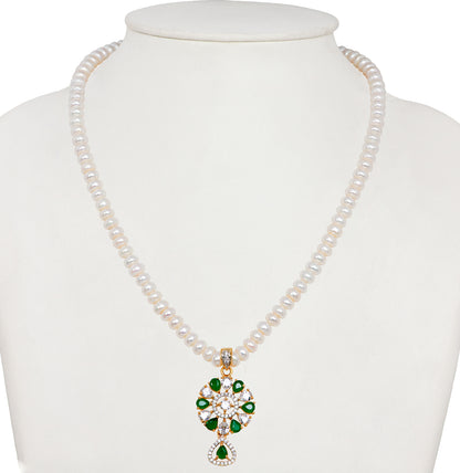 C Z with Green Stone Freshwater Pearls Necklace Set