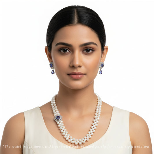 Sparkling Blue Stone Sidepiece Freshwater Pearls Necklace Set