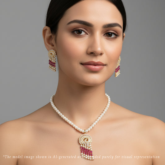 Designer Red Stone Freshwater Pearls Necklace Set