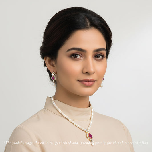 Designer Red Stone Freshwater Pearls Necklace Set