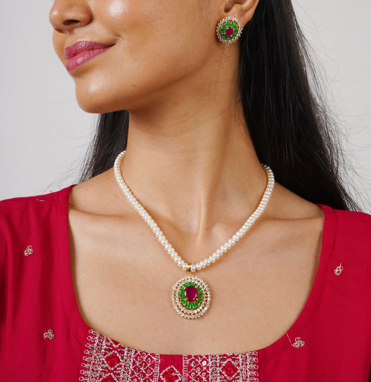 Marbled Red Green Stone Freshwater Pearl Necklace Set