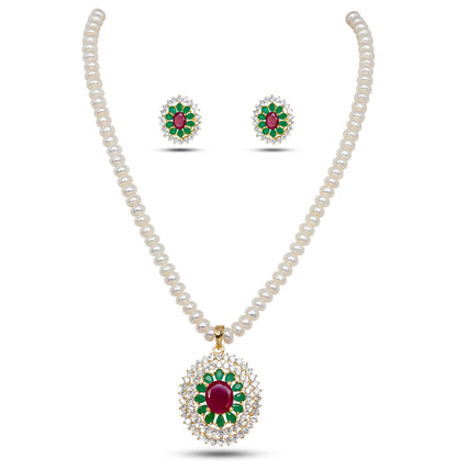 Marbled Red Green Stone Freshwater Pearl Necklace Set