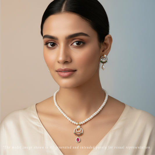 Glowy Red Green Freshwater Pearl Necklace Set