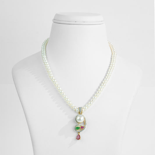 Glowy Red Green Freshwater Pearl Necklace Set