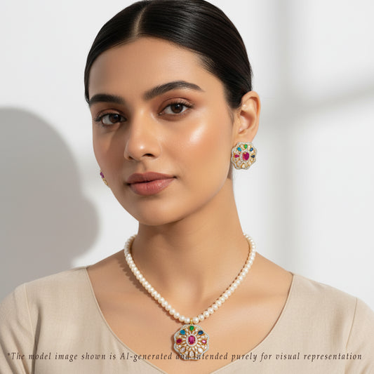 Vintage Navratna Stone Freshwater Pearl Necklace Set