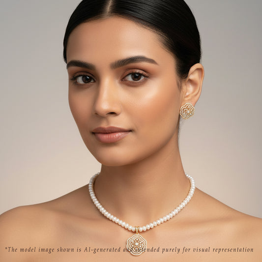 Precious White Stone Button Freshwater Pearl Necklace Set