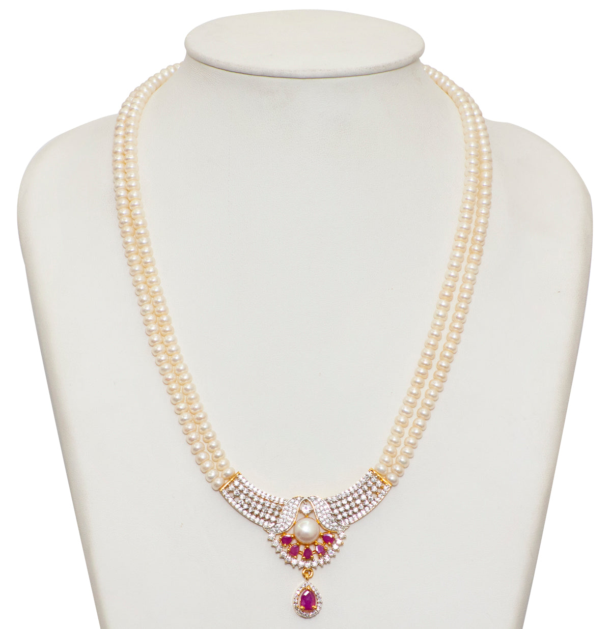 Sparkling Red Stone Freshwater Pearl Necklace Set