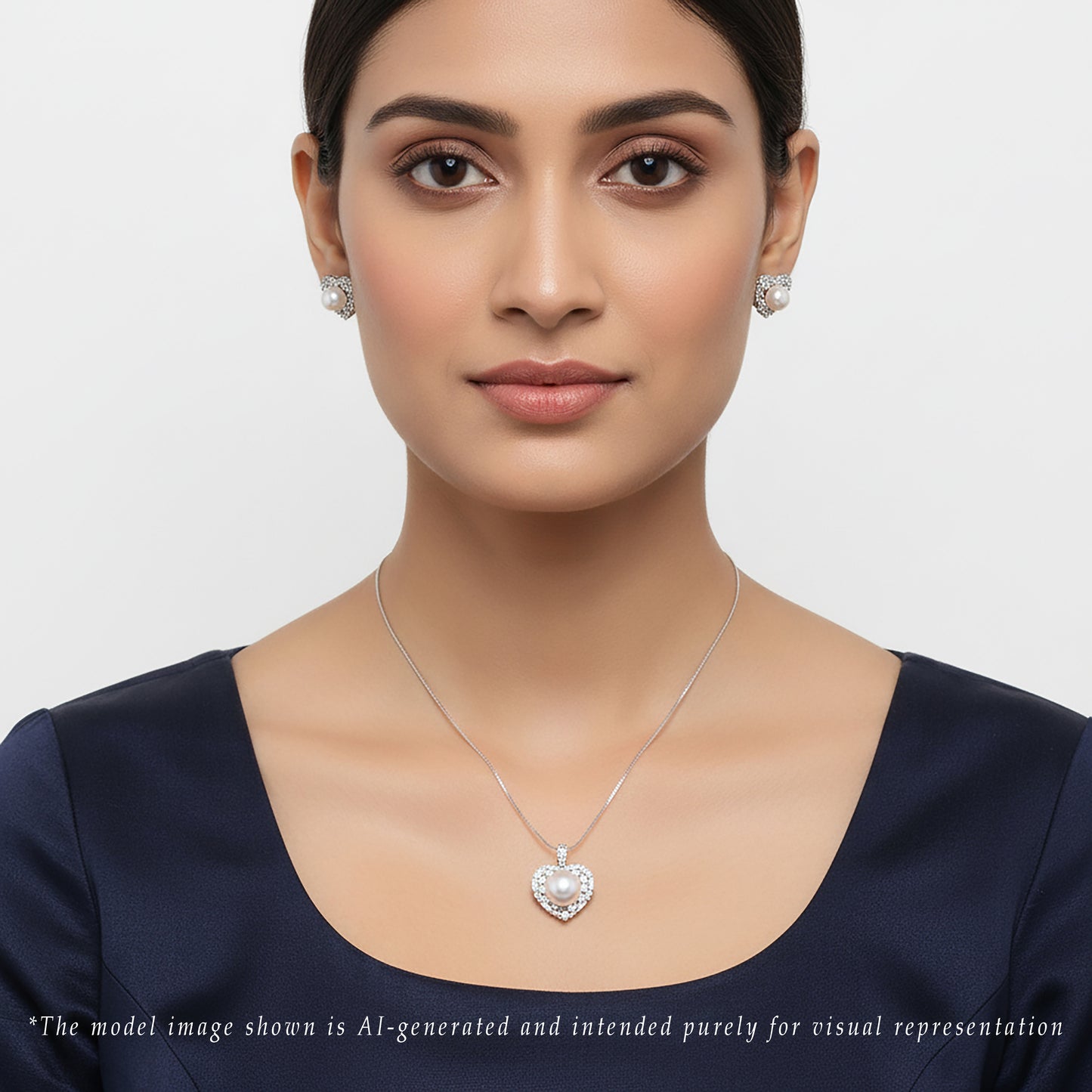 Heart-Shaped Silver White Stone Freshwater Pearl Necklace Set