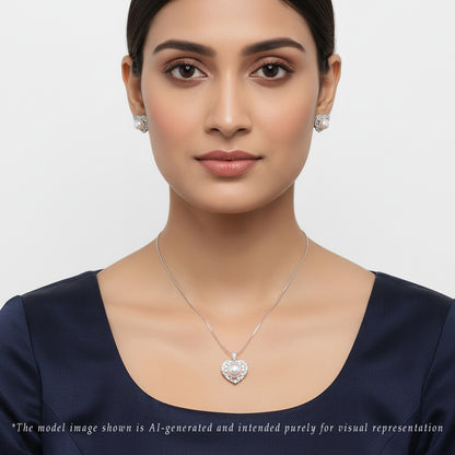 Heart-Shaped Silver White Stone Freshwater Pearl Necklace Set