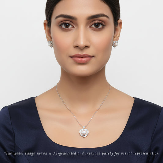 Heart-Shaped Silver White Stone Freshwater Pearl Necklace Set