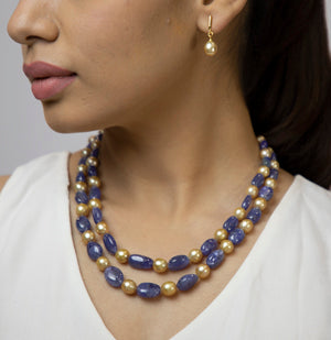 Natural Tanzanite Beads and 8.0-9.0mm Golden Akoya Saltwater Pearls Necklace Set - A Quality