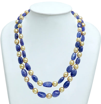 Natural Tanzanite Beads and 8.0-9.0mm Golden Akoya Saltwater Pearls Necklace Set - A Quality