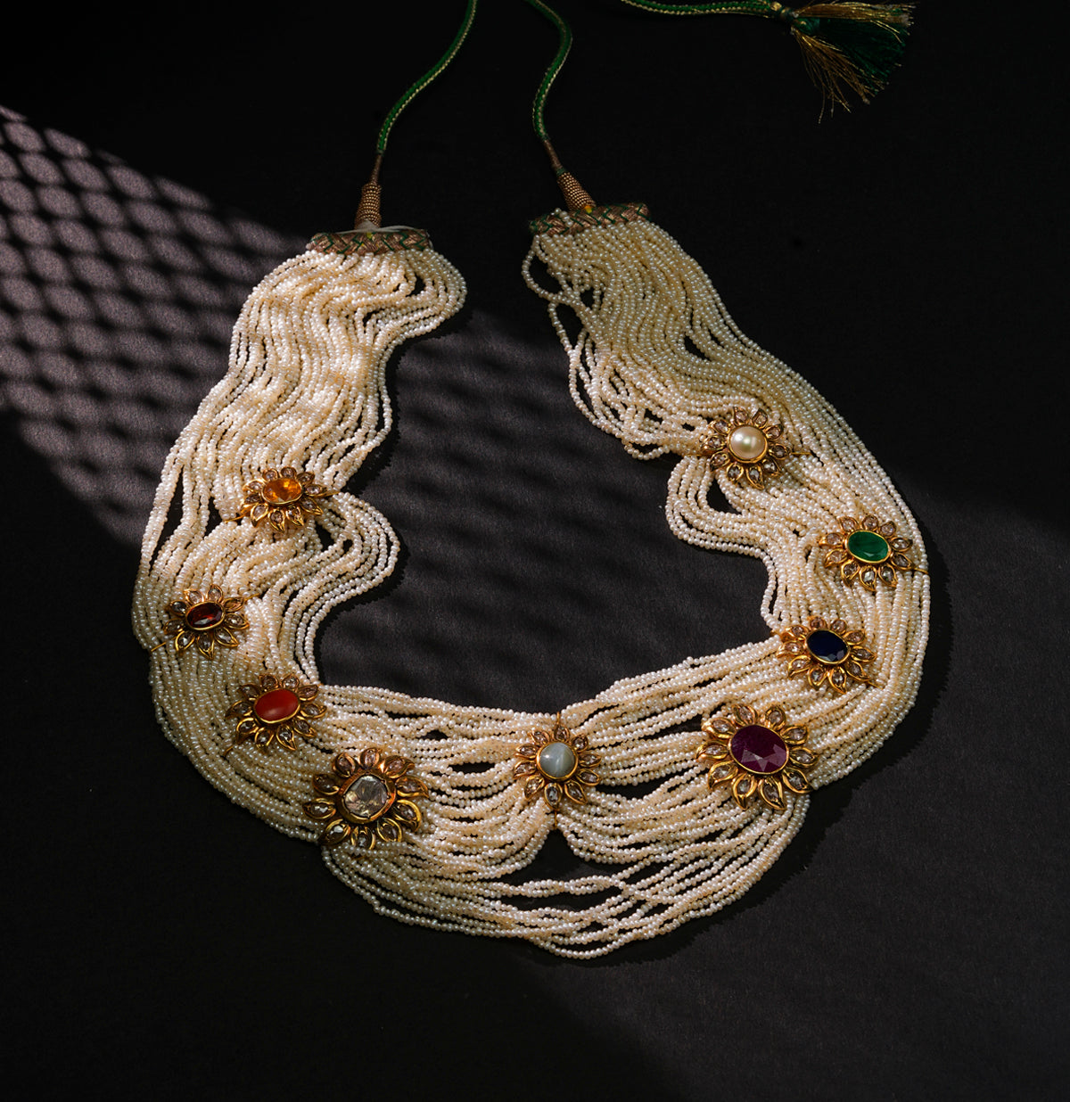 Sophisticated Seed Pearl Navratan Side Pieces Necklace