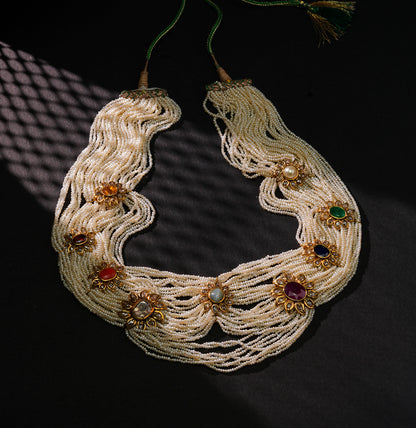 Sophisticated Seed Pearl Navratan Side Pieces Necklace