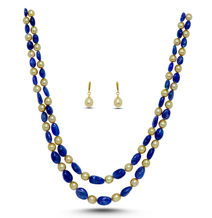 Natural Tanzanite Beads and 8.0-9.0mm Golden Akoya Saltwater Pearls Necklace Set - A Quality