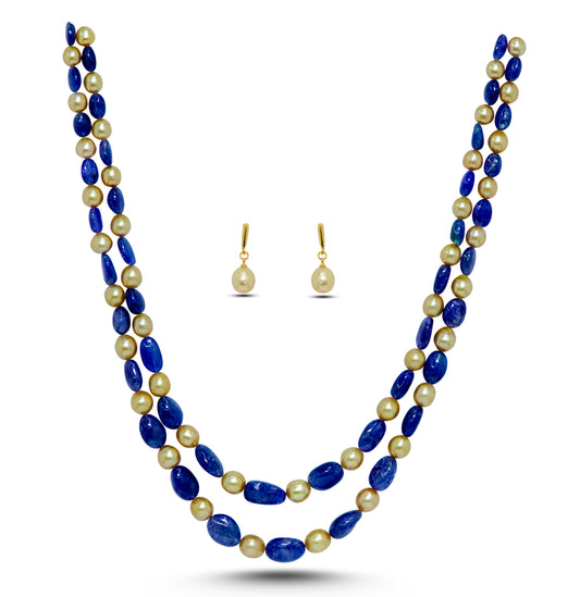 Natural Tanzanite Beads and 8.0-9.0mm Golden Akoya Saltwater Pearls Necklace Set - A Quality